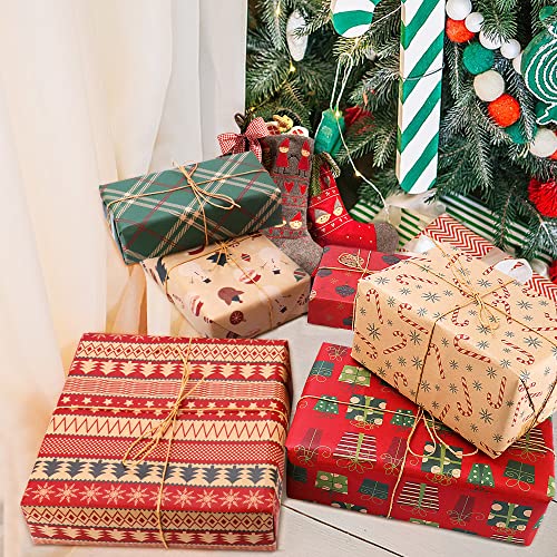 Christmas Wrapping Paper, 10Pcs Recycled Kraft Paper 70x50CM with 6 Vintage Designs (1 Gift Sticker, 1 Double-Side Tape, 2 String) for Gift Boxes Festival Decoration Mens Girls Boys - Gift Guide
