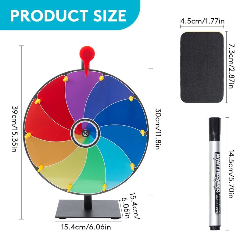 HUHUPET 12 Inch Spinning Prize Wheel, 10 Slots Tabletop Roulette Spinner with Dry Erase Marker and Eraser, for Trade Show, Carnival, Party Games
