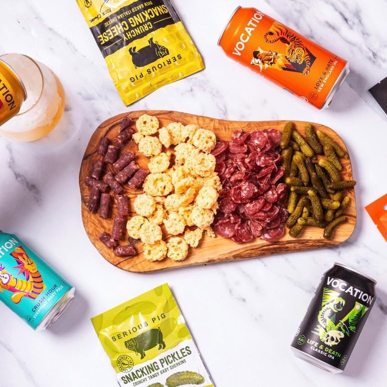 Serious Pig + Vocation Brewery | Craft Beer And Snacks Tasting Experience Gift Box | With Professional Tasting Notes And Glassware (12 Packs) - Gift Guide