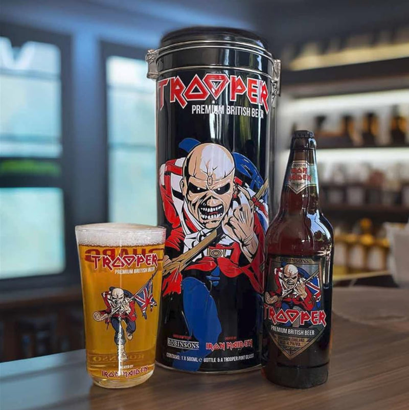 Trooper Premium Beer Gift Set - Iron Maiden Premium British Craft Beer, Nucleated Branded Glass & Collectable Tin Set 500ml. Ideal Beer Gifts For Men for Christmas Stocking Fillers with Topline Card - Gift Guide