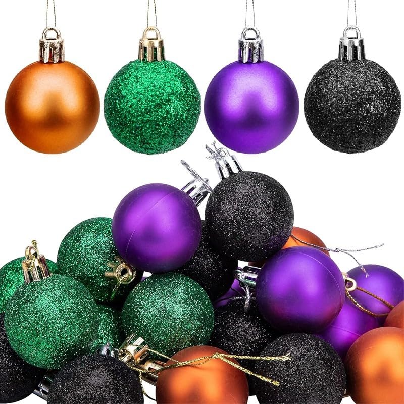 24 Pieces 30 mm Halloween Tree Baubles Mini Baubles Hanging Ball Halloween Ornaments for Halloween Party Decoration, Black Purple Green Copper - Gift Guide