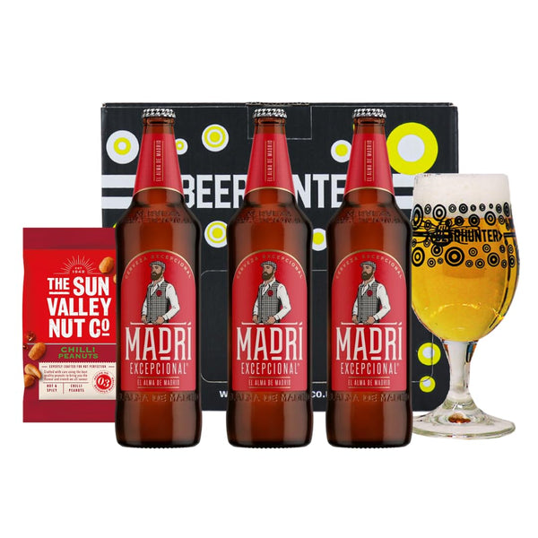 Madrí Exceptional Spanish Lager 330ml Bottles Gift 3 Pack with Branded Glass - Beer Gifts for Men and Women, Beer Gift Set, Birthday Beer, Craft Beer Gift Set, Beer Gifts, Lager Gift Set, World Beers