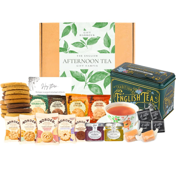 English Afternoon Tea & Biscuit Hamper - Gift Hamper Basket, Tea Gift Set, Food Hamper Gifts for Women & Men, Assorted Shortbread Biscuits with Strawberry Jam, Honey, Fudge & Chocolate - Gift Guide