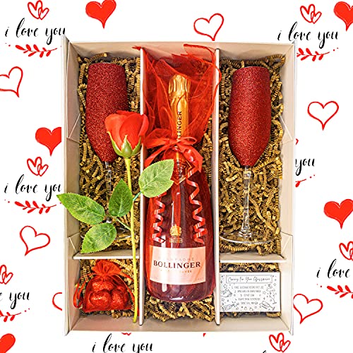 Bollinger Special Cuvée Champagne Christmas Day Gift Set Hamper 75cl With Red Champagne Flutes, Red Rose, Belgian Heart Chocolates and Gift Box - Champagne Lovers Gift For Women and Men (Bollinger)