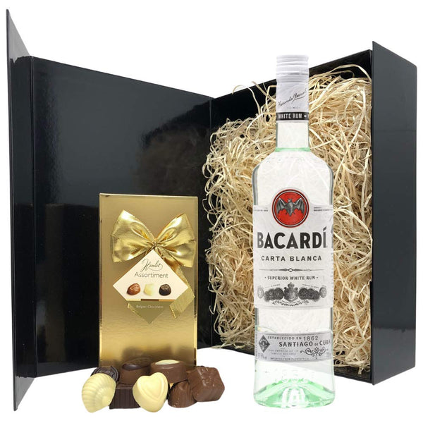 Rum Gift Set - Bacardi White Rum and Chocolates Gift Hamper Box - Birthday, Christmas Rum Gifts for Men and Women