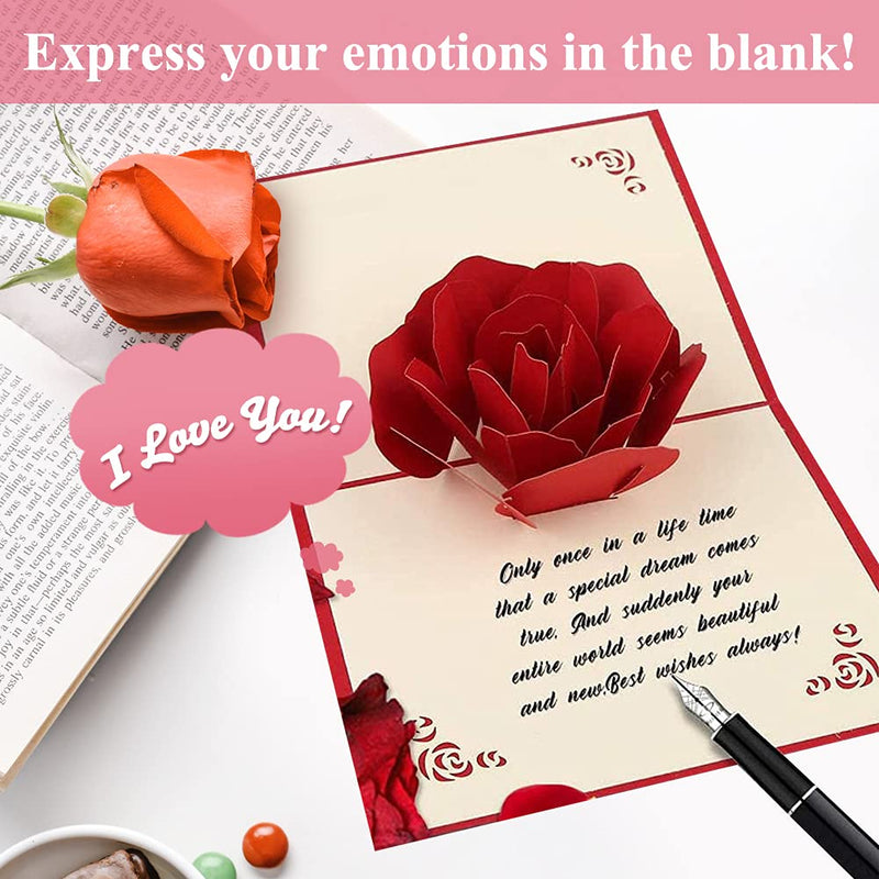 3D Pop Up Greeting Card for Her Him, Romantic Rose Flower Valentines Card for Wife Husband Girlfriend Boyfriend Mum Dad Gift, Fold Greeting Cards with Envelope for Birthday, Wedding, Valentine's Day