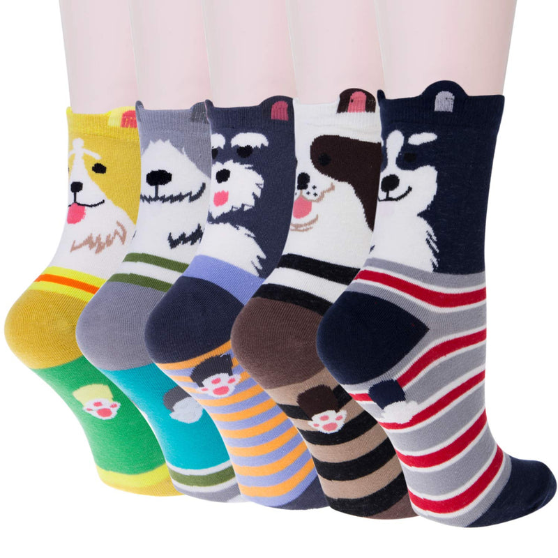 Justay Comf 5 Pairs Women Socks Animal Cat Dog Socks Funny Cute Socks Gift for Ladies Socks Novelty One Size Black