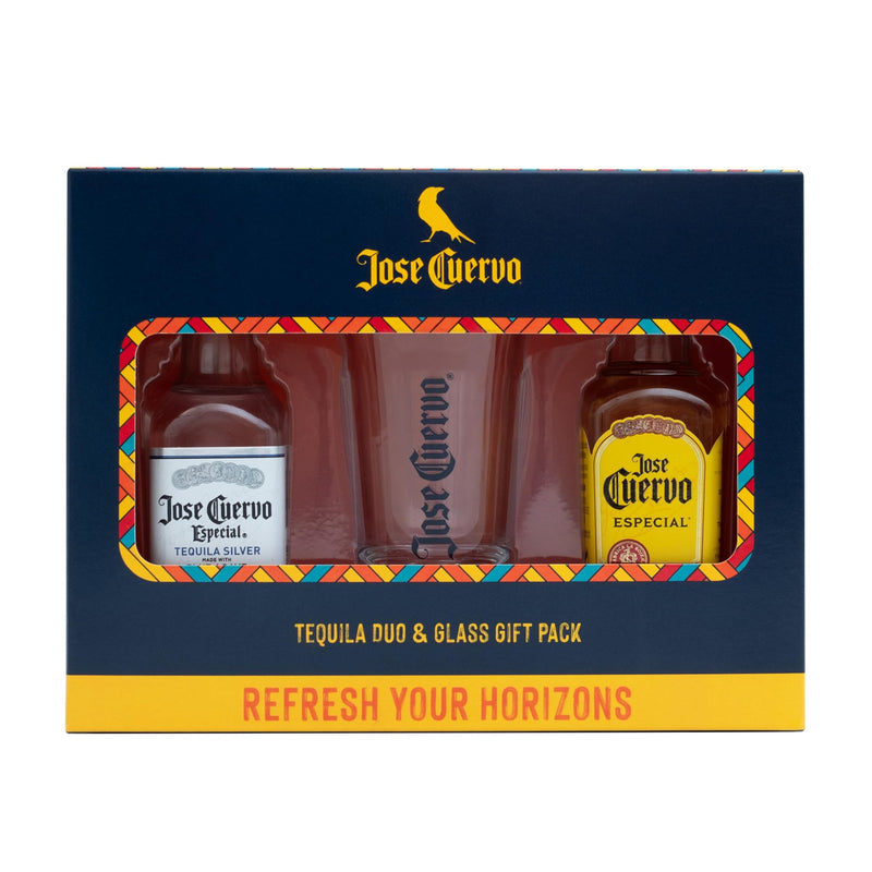 Tequila Gift Set - Jose Cuervo Tequila Gifts, 2x 5cl Jose Cuervo Reposado 38%, Jose Cuervo Silver 40%, Miniature Alcohol Bottles, 1 Official Spirit Shot Glass - Mini Birthday Gifts for Men, Women