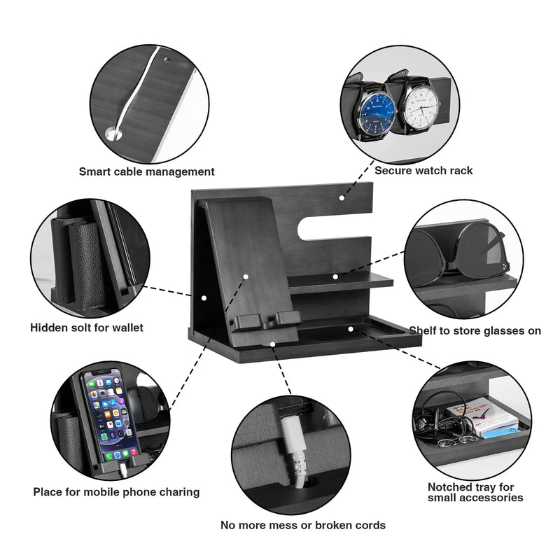 Birthday Gifts for Men Christmas Wood Phone Docking Station Bedside Table Organiser for Him Gifts for Dad Mens Gifts for Christmas Husband Dad Gifts Xmas Presents for Men Bedside Gadget Organiser