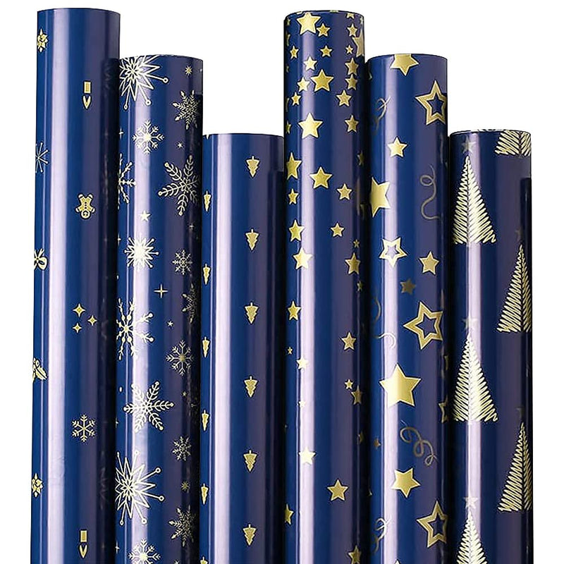 OTMVicor Roll Package Christmas Wrapping Paper, Recyclable 10 Roll Navy Blue and Gold Design Wrapping Paper for Xmas Gift Wrapping Party Decoration - Gift Guide