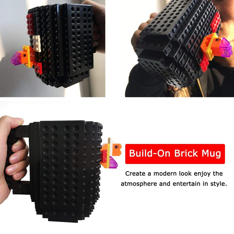 Build-On Brick Coffee Mug, Funny Cup with DIY Creative Building Blocks Xmas Present, Novelty Christmas Santa Birthday Gifts for Kids Women Men with 3 Bags Accessories (Black)