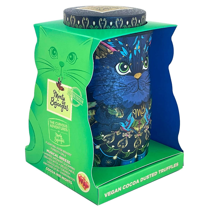 Monty Bojangles Midnight Prince Vegan Cocoa Dusted Truffles Cat Tin (135g) - Cocoa Nib Night Flavoured Luxury Vegan Dark Chocolatey Truffles - Collectable Cat Tin Chocolate Gift With Bespoke Design - Gift Guide