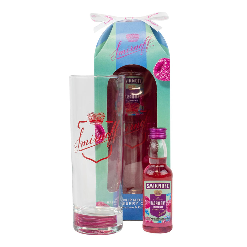 Smirnoff Vodka Gift Set - Flavoured Vodka Miniature & Glass Set, 1x 5cl Smirnoff Raspberry Crush Vodka Mini & Smirnoff Branded Vodka Hi-Ball Glass - Vodka Gifts for Men and Women