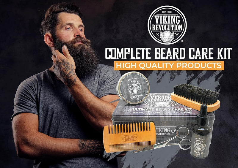 Viking Revolution - Beard Grooming Kit for Men - Ultimate Beard Kit with 100% Boar Beard Brush, Beard Comb, Citrus Beard Balm, Unscented Beard Oil & More - Christmas Gifts for Him - Gifts for Men