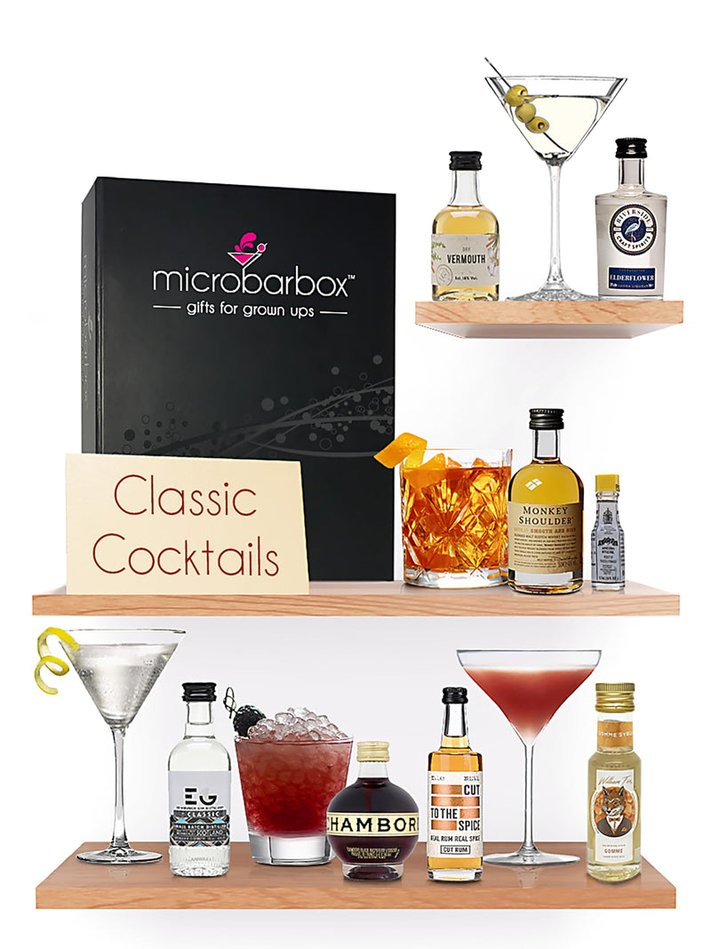 MicroBarBox Classic Cocktail Gift Set in a Premium Luxury Gift Box | Features: Old Fashioned, Chambord Daiquiri, Gin Martini, Bramble, Vodka Martini