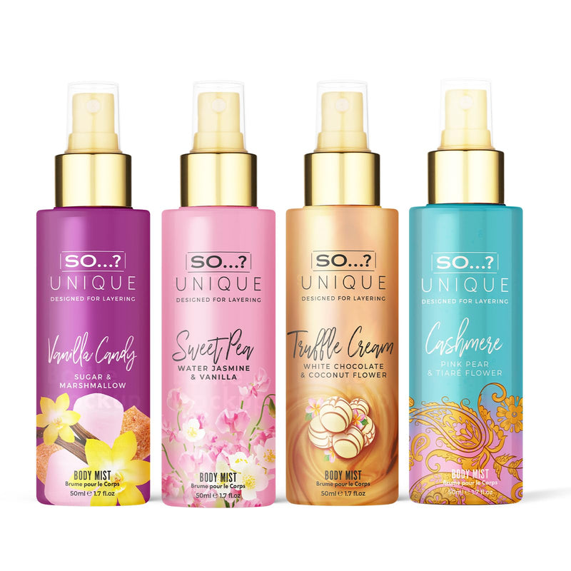 So…? Unique Mini Mist Womens Gift Set with Vanilla Candy, Sweet Pea, Truffle Cream, & Cashmere, Body Mist Fragrance Spray Set (4 x 50ml.)