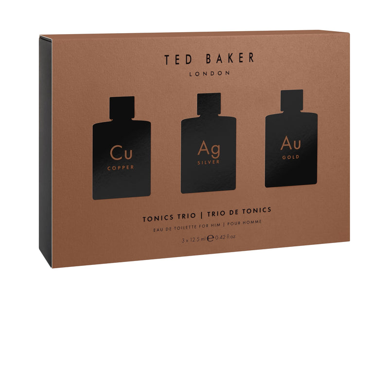 Ted Baker Tonics Trio Gift Set, Tonics Cu Copper EDT with Musk Scent, Tonics Ag Silver EDT with Pepper Cedarwood Scent, Tonics Au Gold with Warm Woody Scent, 3 x 12.5ml