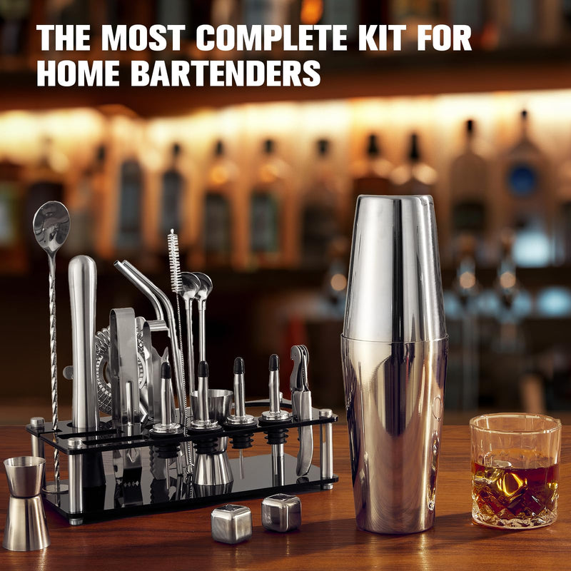 Cocktail Shaker Set, 23-Piece Boston Stainless Steel Bartender Kit with Acrylic Stand & Cocktail Recipes Booklet, Professional Bar Tools for Drink Mixing, Home, Bar, Party (Include 4 Whiskey Stones)