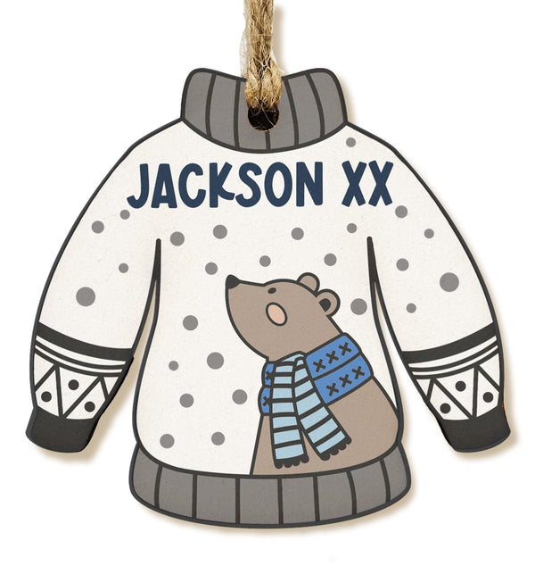 The Plum Penguin Personalised Novelty Christmas Jumper Bauble Festive MDF Ornament with Custom Name Choice of Xmas Pattern (Grey Winter Bear) - Gift Guide