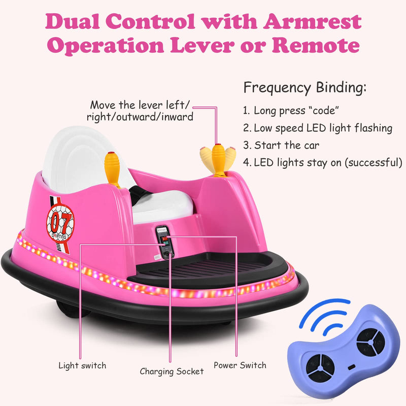 COSTWAY Kids Bumper Car, 360-Degree Rotation Spin Children’s Waltzer Cars with Joystick, Remote Control, Colorful Flashing Lights and Music, Battery Powered Ride on Toy for Boys Girls (Pink)
