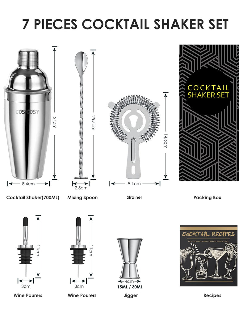 Cocktail Making Set, Cosicosy Cocktail Shaker Set 7 Pcs Professional Stainless Steel Cocktail Accessories Set with Recipes and Bar Accessories for Home Bars and Outdoor Events