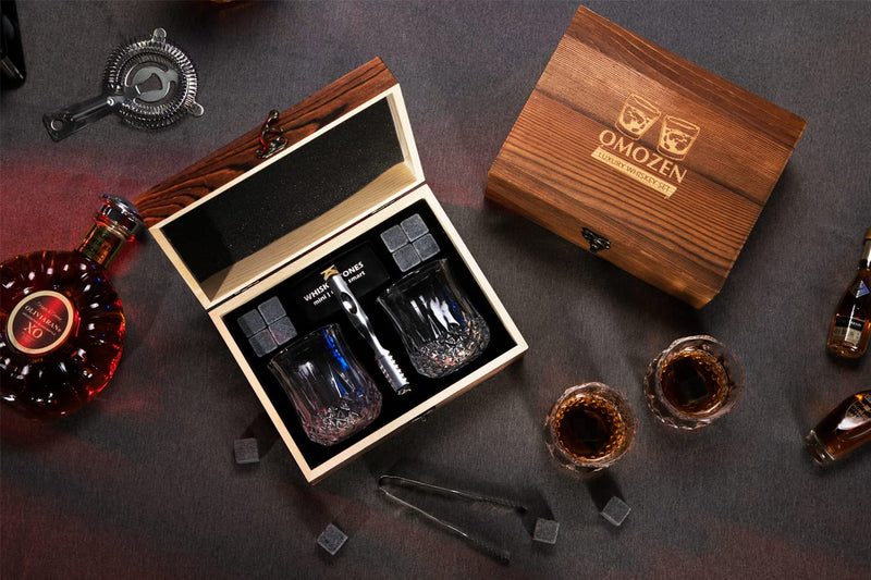 Whiskey Stones and Whisky glasses Gift Set for Men - 8 Whiskey Chilling Rocks - 2 Whiskey Scotch Bourbon Glasses - Christmas Fathers Day Present Gift for Him Boyfriend Dad Husband