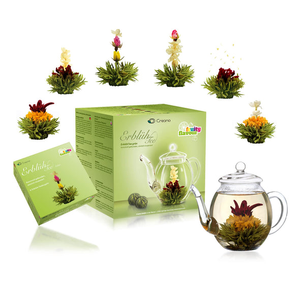 Creano Blooming Tea Gift Set – Flowering Tea Giftset with 500 ml Glass Tea Pot and 6 Tea Flowers - Green Tea - Gift Guide