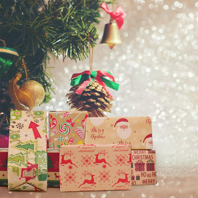 Niviy Christmas Wrapping Paper Sheets 70x50cm Printed with Santa Claus, Christmas Tree and Elk, Recyclable Xmas Wrap Paper for Wrapping Gift with Hang Tag, Double-Sided Ribbon and Twine Pack of 6 - Gift Guide