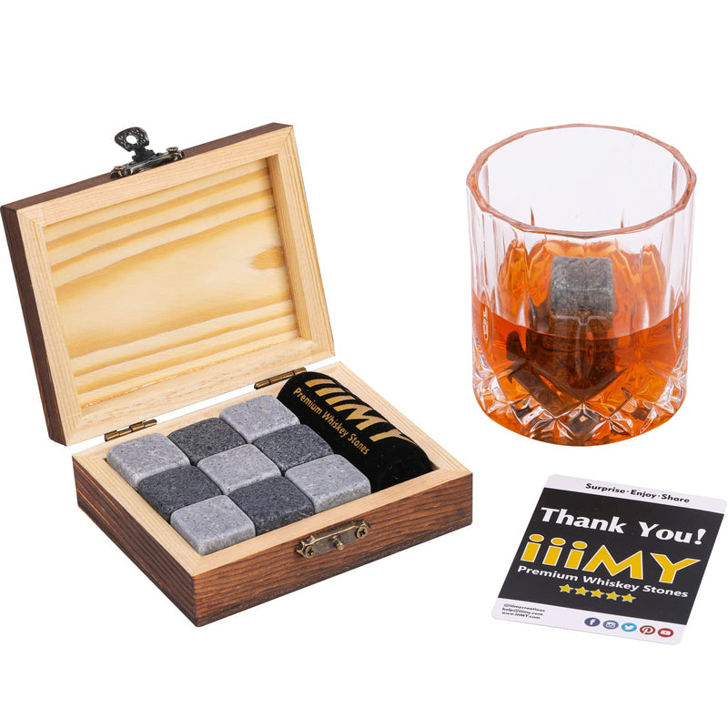 iiiMY Whisky Stones Gift Set of 9 Natural Soapstone and Granite Chilling Rocks with Stylish Wooden Box and Free Velvet Pouch - Christmas, Birthday, Fathers Day Gift for Men