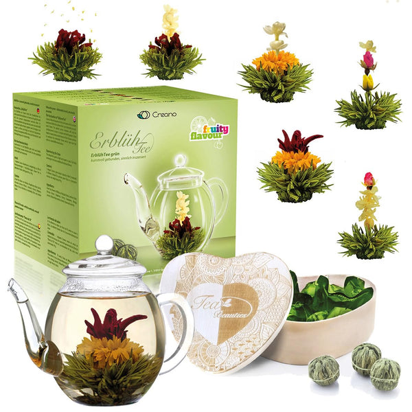 Creano Blooming Tea Gift Set – Flowering Tea Giftset with 500 ml Glass Tea Pot and Heart-Shaped Wooden Box with 6pcs Tea Flowers - Green Tea - Gift Guide