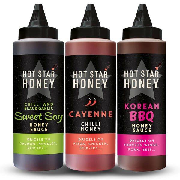 Hot Star Honey Asian Sauce Gift Set | Sweet Soy Sauce - Chilli Honey Sauce - Korean BBQ Sauce - Premium Hot sauce gift set for Chicken, Pizza, Pasta, Steak and Noodles - Gift Guide