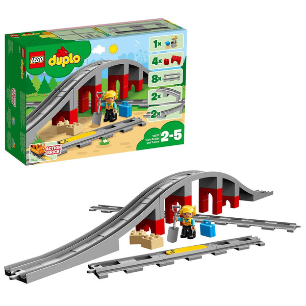 LEGO DUPLO Town Train Bridge and Tracks Toy for Kids, Building Bricks Set with Horn Sound Action Brick, Trains Rails Extension Set 10872