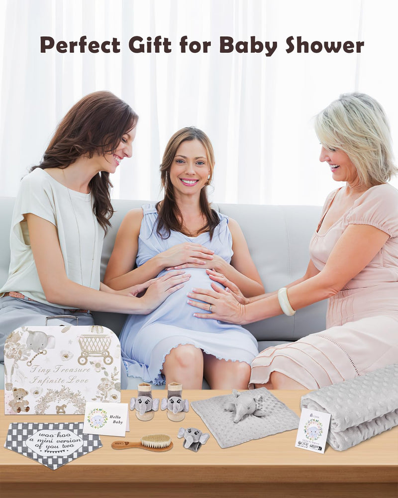 Lictin Baby Gift Set for Boys Girls, 14PCS Baby Shower Gifts, Neutral Newborn Gifts Basket with Baby Blanket, Wooden Monthly Milestone Cards, Elephant Security Blanket (Grey, 14pcs) - Gift Guide