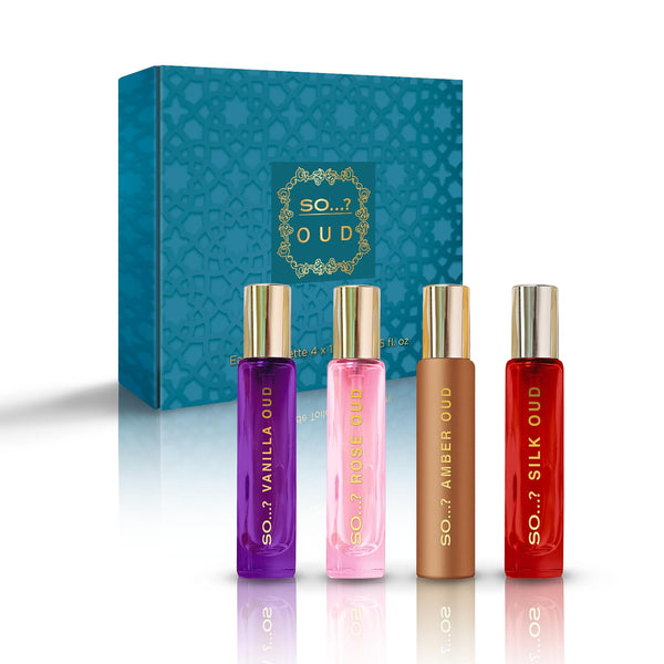 SO…? Oud Premium Womens Perfume Gift Set, Vanilla, Rose, Amber, Silk, Eau De Toilette with Long Lasting Fragrance - Travel Size Mini Perfume for Girls, Ladies Gift Sets (4 x 15ml)