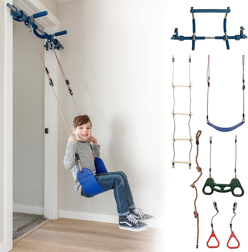 Gym1 6-Piece Doorway Gym for Kids, Includes Door Sensory Swing, Indoor Pull-Up Bar for Adults, Rings, Hanging Trapeze, Ladder & Knotted Rope, Holds Up to 300 Lbs