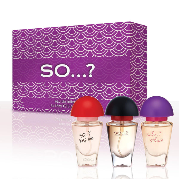 SO…? Three For Me Premium Womens Perfume Gift Set, Kiss Me, Sinful, SO...?, Eau De Toilette with Long Lasting Fragrance - Travel Size Mini Perfume for Girls, Ladies Gift Sets (3 x 15ml)