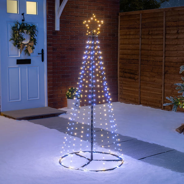 CHRISTOW Maypole Christmas Tree, Light Up Outdoor Decoration, Flashing White and Warm White Micro LED Pyramid Light, Mains Operated (1.4m) - Gift Guide