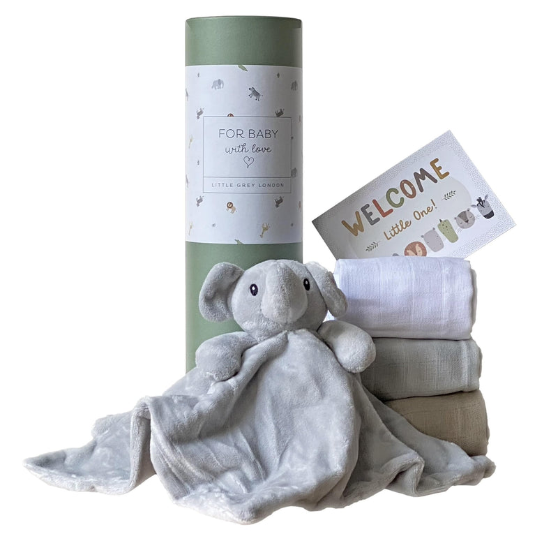 Newborn Baby Unisex Essentials Gift Set from Little Grey London. Includes 100% Cotton Muslins & Plush Elephant Comforter Ready Packed as a Gift Set. A Great Gift for Any Occassion. - Gift Guide