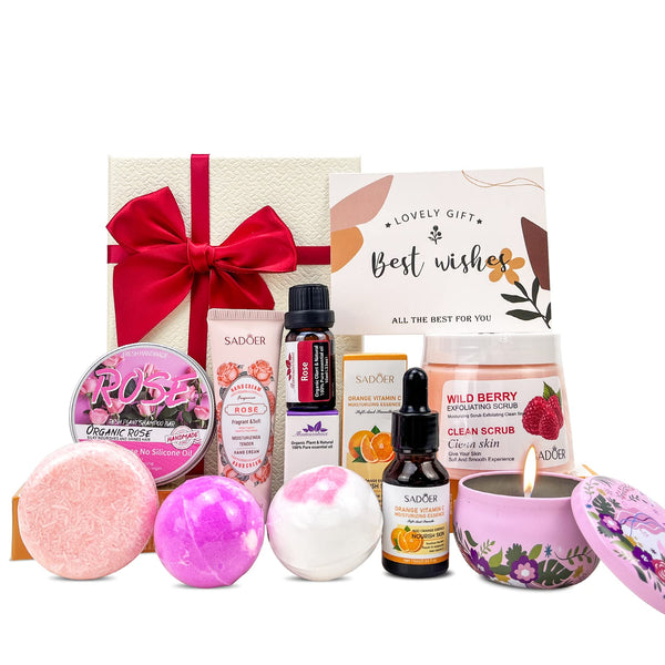 Pamper Hampers for women,Pamper Gifts for Birthday, Self Care Gifts Basket,Bath Gifts Set for Her, Spa Gift set with Bath bomb,Hand Cream,Soap,Scented Candle, Body Scrub Present Sets