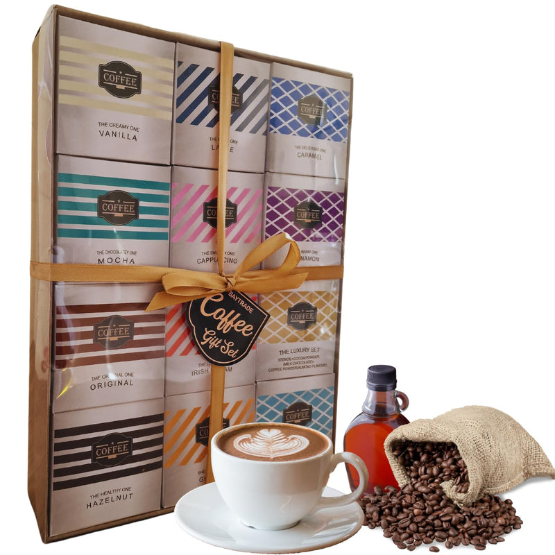 Coffee Gifts |12x Instant Flavoured Coffee Hamper |1x Pumpkin Spice Coffee Syrup 1x Stencil | Christmas Gifts for Men Women Ideas Couples | Drink Gift for Coffee Lovers | Xmas Presents Selection Box - Gift Guide