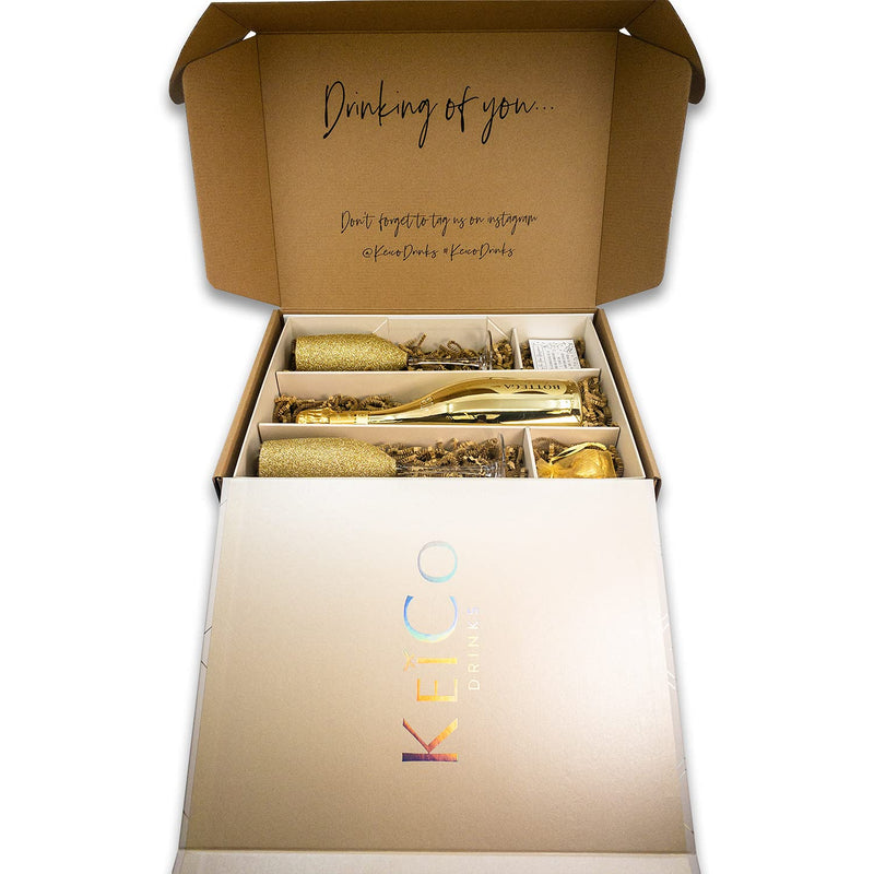 Bottega Gold Prosecco DOC 75cl Gift Set Hamper With Matching Sparkling Gold Champagne Flutes, Chocolates And Gift Box - Golden Wedding Gift - With Personalised Gift Message (Sparkling Tops)