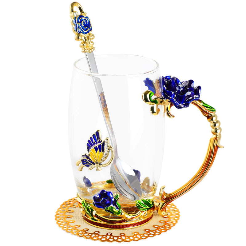 WD&CD Rose Butterfly Glass Tea Coffee Cups Mugs with Spoon and Coaster, Gifts for Her Girlfriend Wife Mum Women on Christmas Valentine's Day Mother's Day Anniversary, Blue Tall - Gift Guide