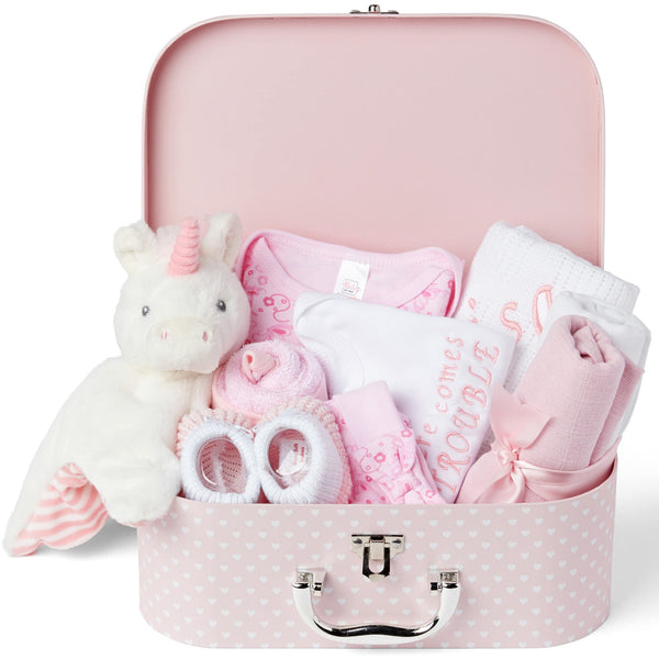 Baby Box Shop Personalised Baby Girl Gifts - 9 Baby Girl Gifts Newborn in a Baby Girl Hamper with 2 Personalised Baby Gifts for Newborn Baby Girl, New Baby Girl Gift Set, Unique Baby Girl Gifts - Pink - Gift Guide