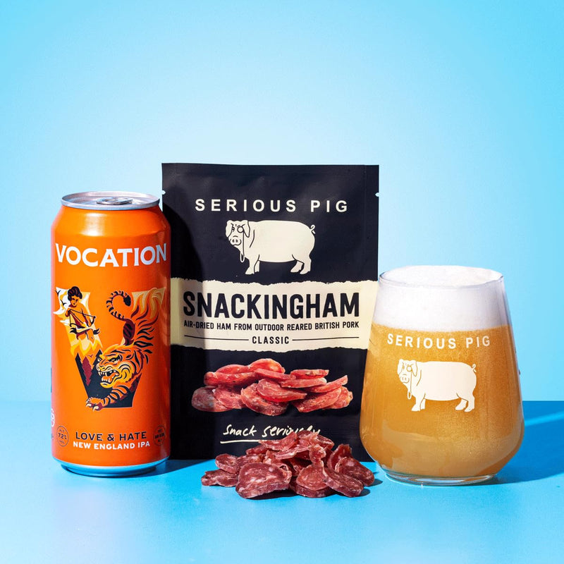 Serious Pig + Vocation Brewery | Craft Beer And Snacks Tasting Experience Gift Box | With Professional Tasting Notes And Glassware (12 Packs) - Gift Guide