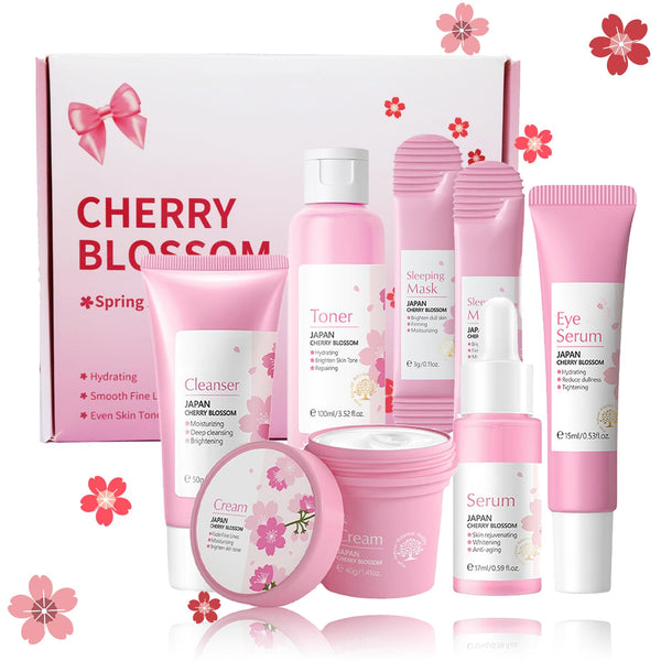 Skincare Gifts For Teenage Girls,Cherry Blossom Skincare Sets,Facial kit,Pamper Sets For Women Gifts,Skin Care Sets & Kits with Cleanser, Face Serum, Face Cream,Toner,Eye Cream,Mask (7PCS Sakura)