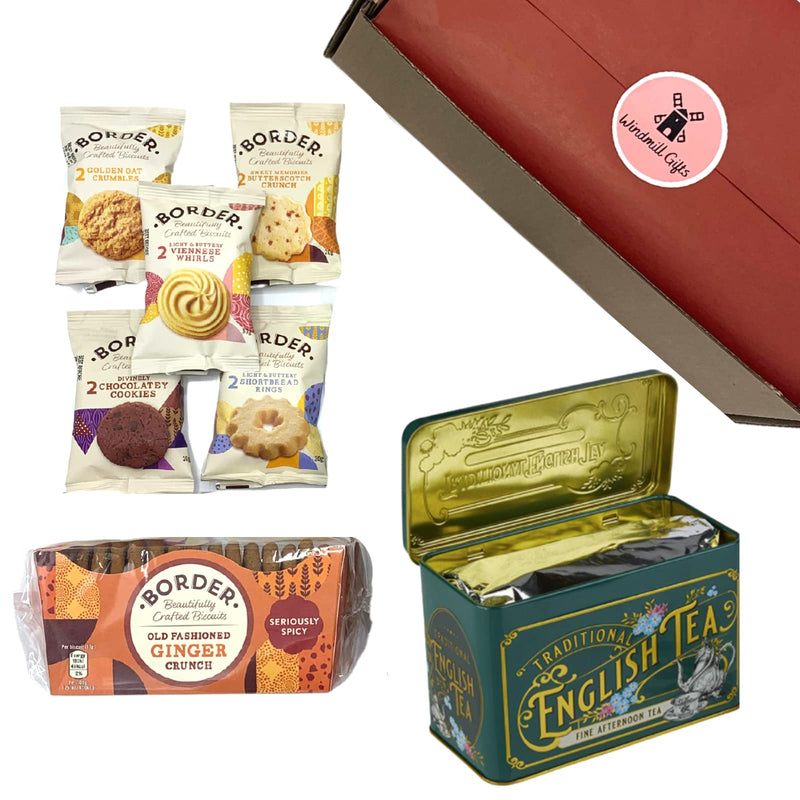 Border Biscuits Gift Set Afternoon Tea Hamper with Border Ginger Crunch 135g, English Afternoon Teabags in a Luxury Tin (40 Teabags) and x10 Border Biscuits - The Perfect Tea and Biscuits Gift Set - Gift Guide