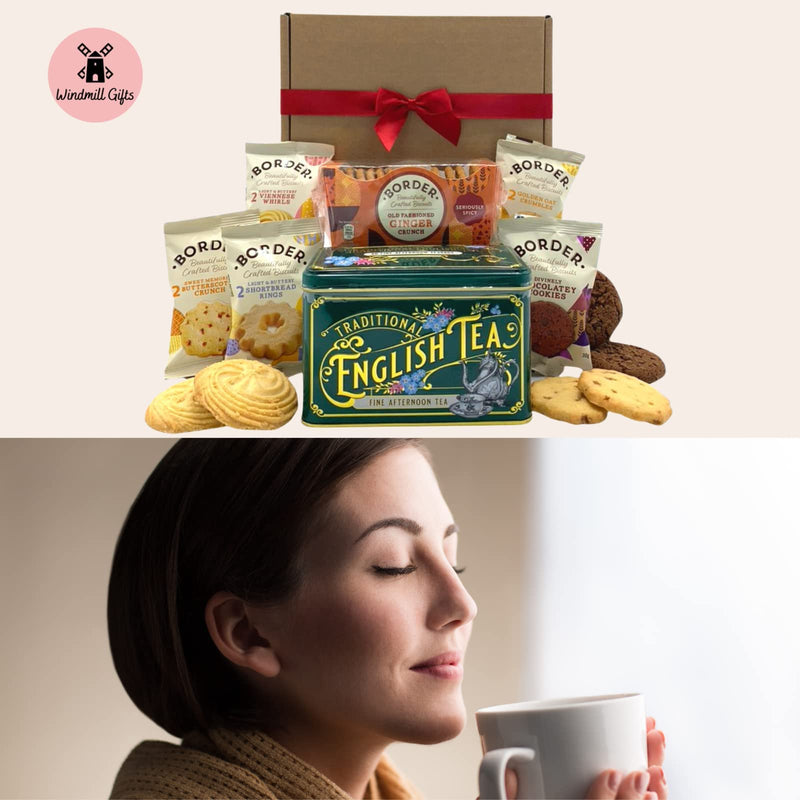 Border Biscuits Gift Set Afternoon Tea Hamper with Border Ginger Crunch 135g, English Afternoon Teabags in a Luxury Tin (40 Teabags) and x10 Border Biscuits - The Perfect Tea and Biscuits Gift Set - Gift Guide