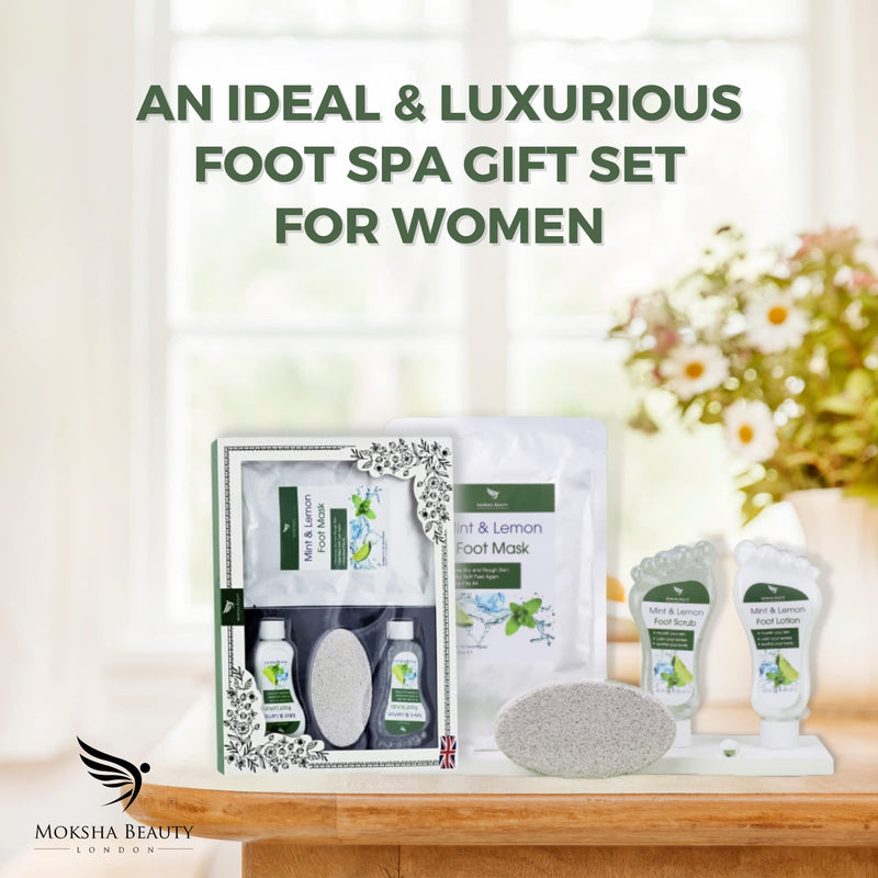 Foot Spa Gift Sets - Foot Care Pampering Gift Set | Mint and Lemon Foot Scrub, Foot Lotion, Foot Mask, Pumice Stone