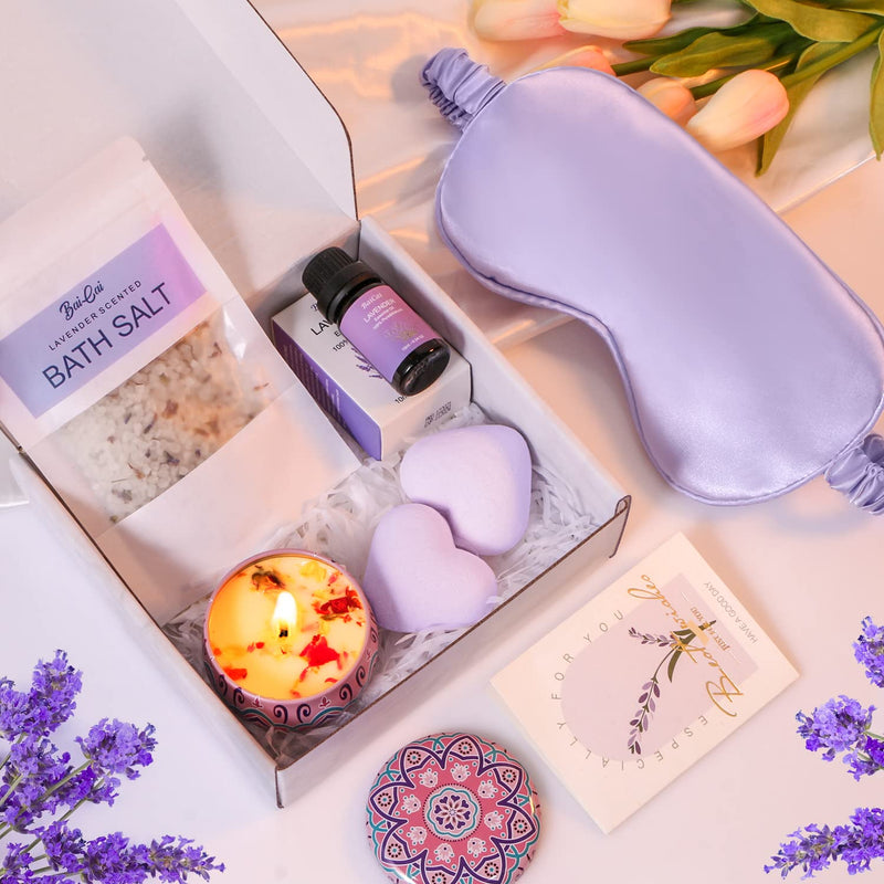 Lavender Pamper Gifts For Women,Birthday Pamper Hamper Mum Self Care Gift Set Relaxation Bath Gift Care Package For Her,Relax Spa Gift With Essential Oil,Bath Bomb,Bath Salt,Candle,Sleep Mask,Card