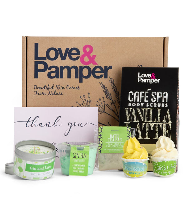 Love & Pamper - Hand Made Bath Body Spa Pamper Gift Set For Women, GIN & LIME Bath Melt and Pina Colada Bath Melt, Gin Fizz Body Exfoliating Mousse, GIN & LIME Candle and Relaxing Bath Tea Bag